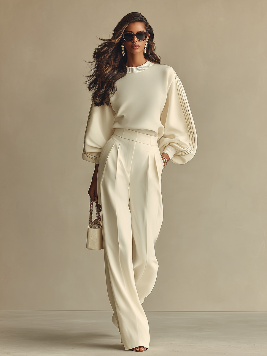 Women's Ivory Textured Set With Ribbed Crew Neck & High-Waisted Bottoms, Modern Sophisticated Style Set MDA2231L6I