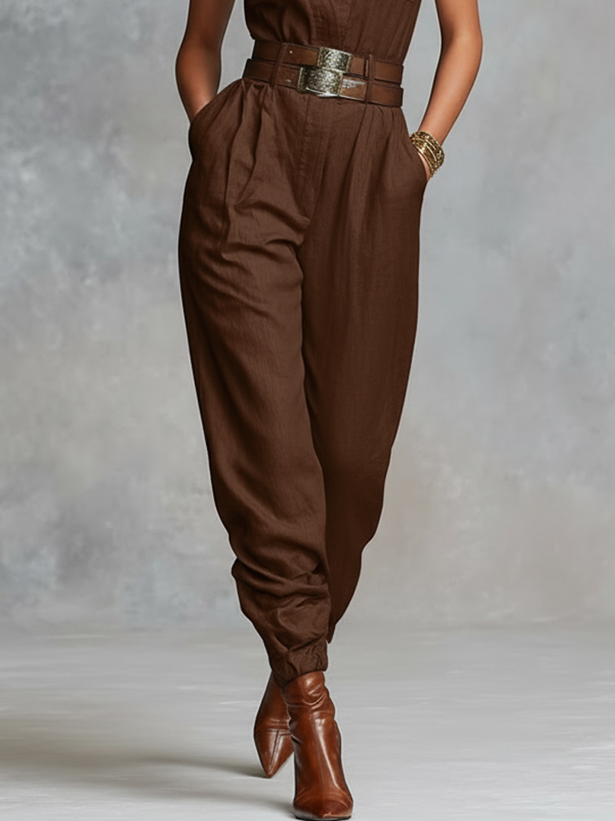 Women's Minimalist Linen-blend Button-up Collared Sleeveless Jumpsuit (belt Not Included) MDZ0530A4Y