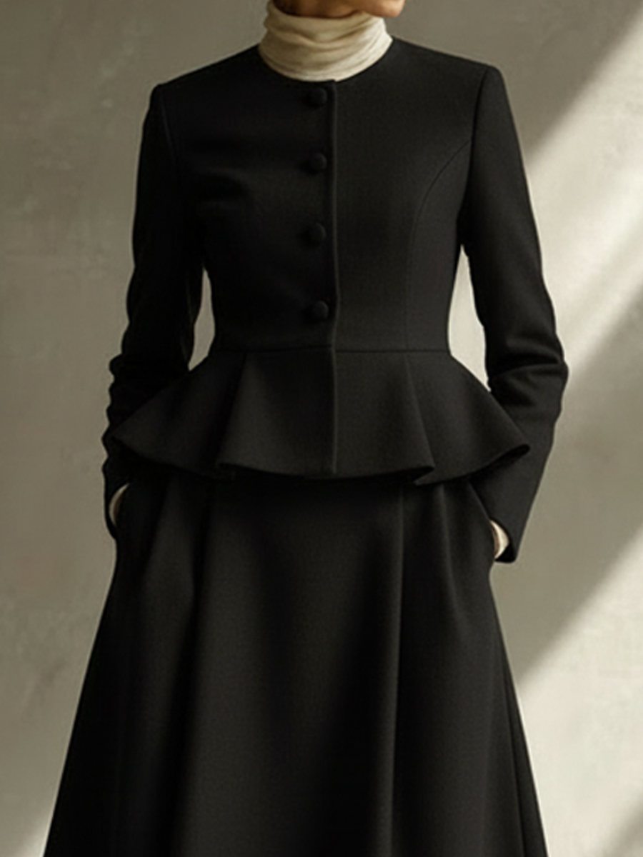 Women's Black Ruffle Trim Jacket And A-Line Midi Skirt Two-Piece Set MDA2250L7AP