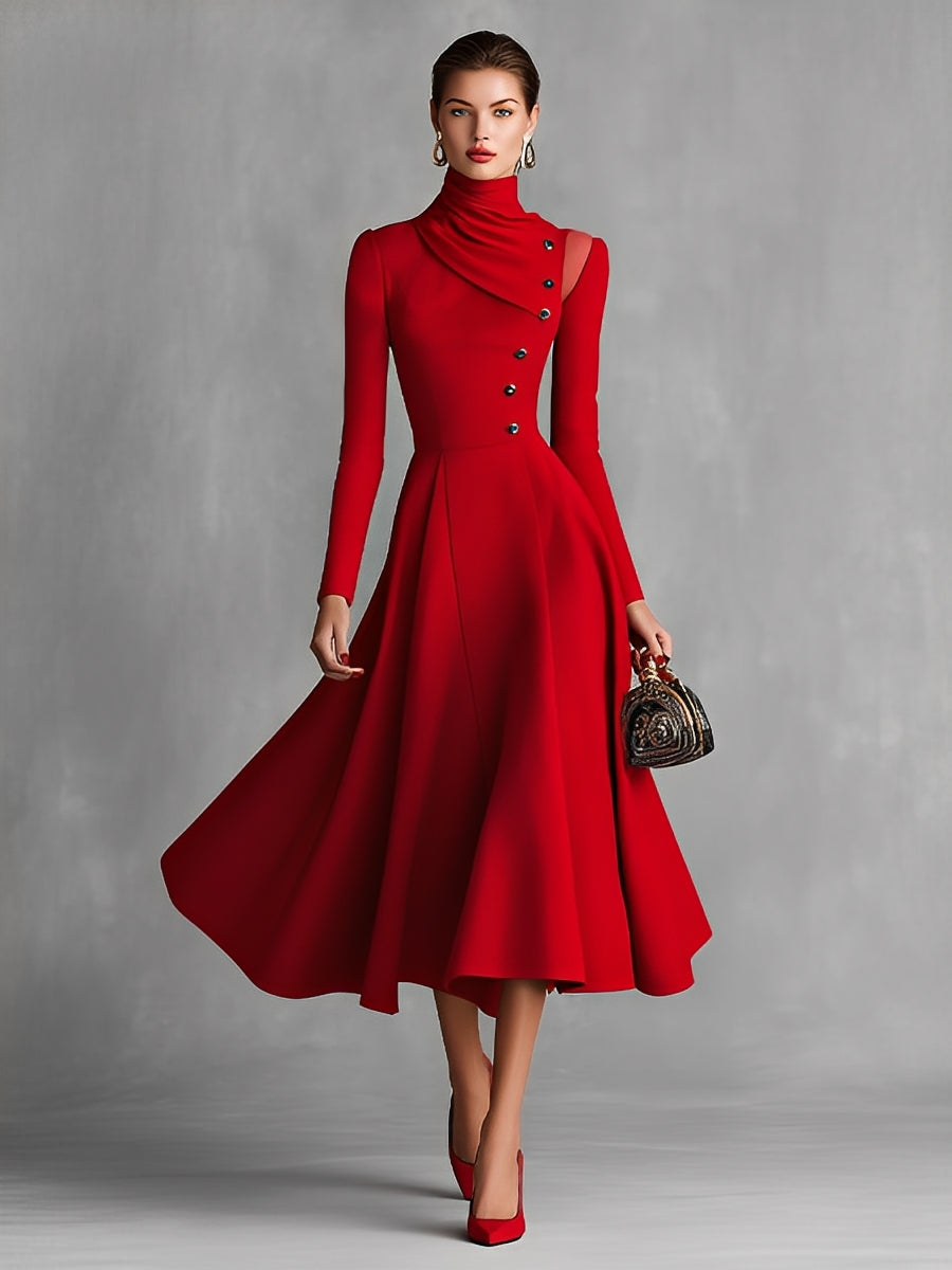 Women's Bright Red Textured Cotton Woven Midi Dress With Long Sleeves & Fitted Bodice, Sophisticated Evening Style Dress MDA2779K9I