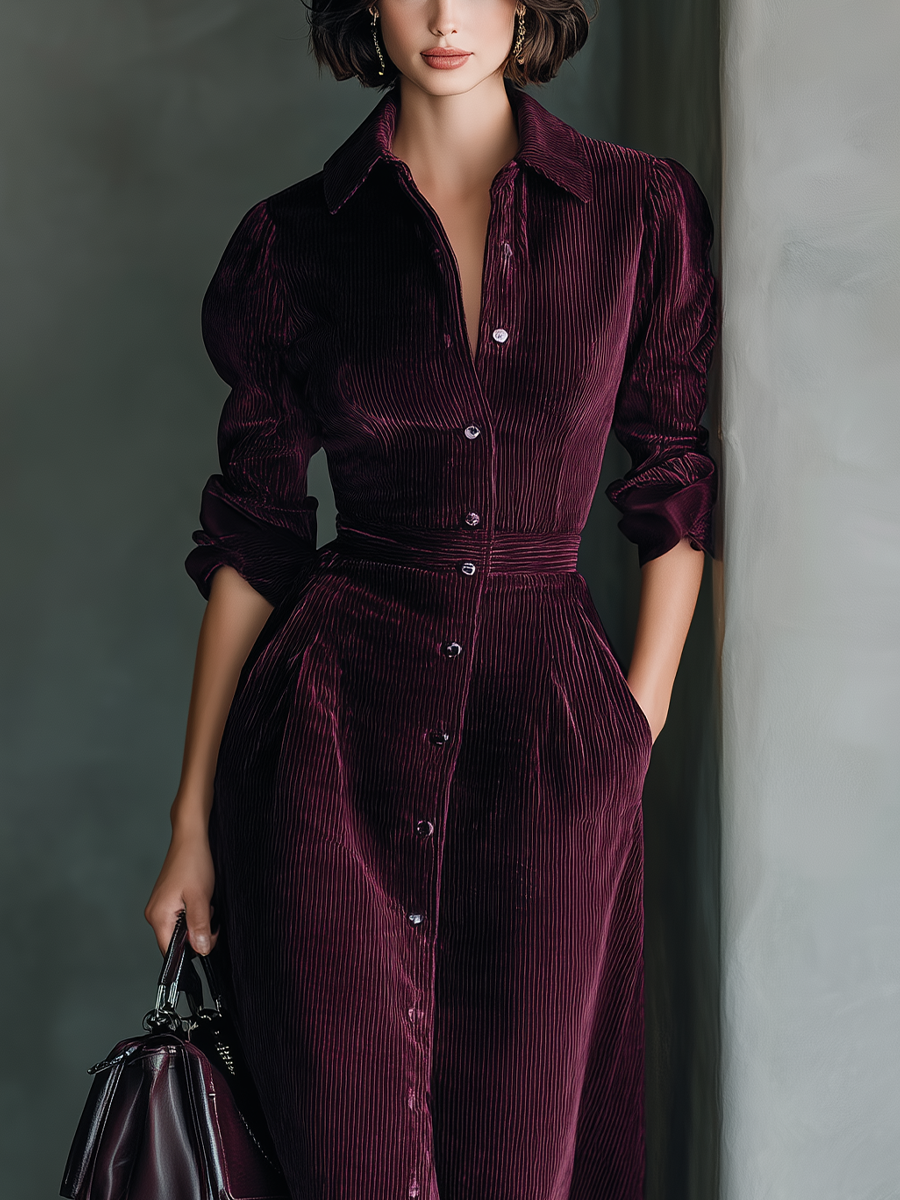 Women's Fuchsia Corduroy Button-Down Waist Midi Dress MDA2287J0T