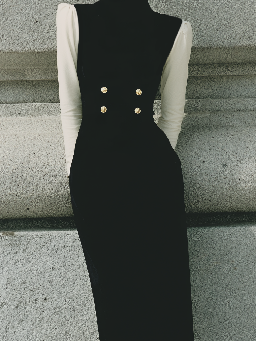 Women's Elegant Black High-neck Stretchy Knit Long-sleeved Slim-fit Midi Dress MDA2970L3AN