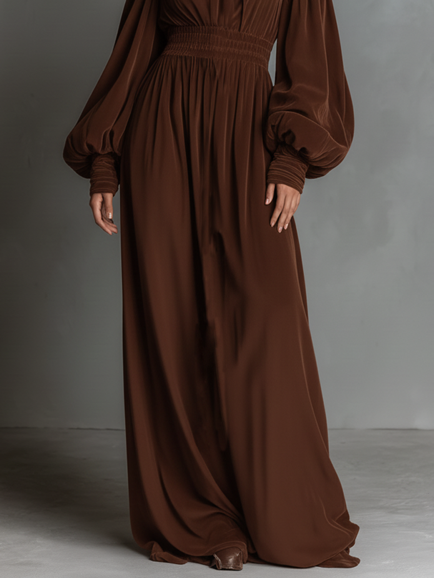 Women's Velvet High-Neck Off-Shoulder Long-Sleeved Elastic Waist Wide-Leg Jumpsuit MDA0632K0Y