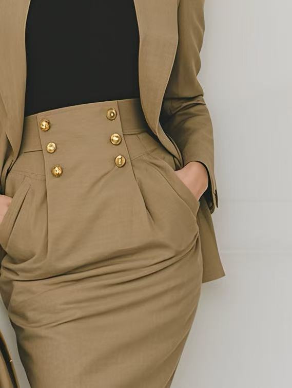 Sophisticated And Elegant Khaki Peak Lapel Suit And Skirt Set For Women, Featuring Gold Buttons MDA0512K4AN