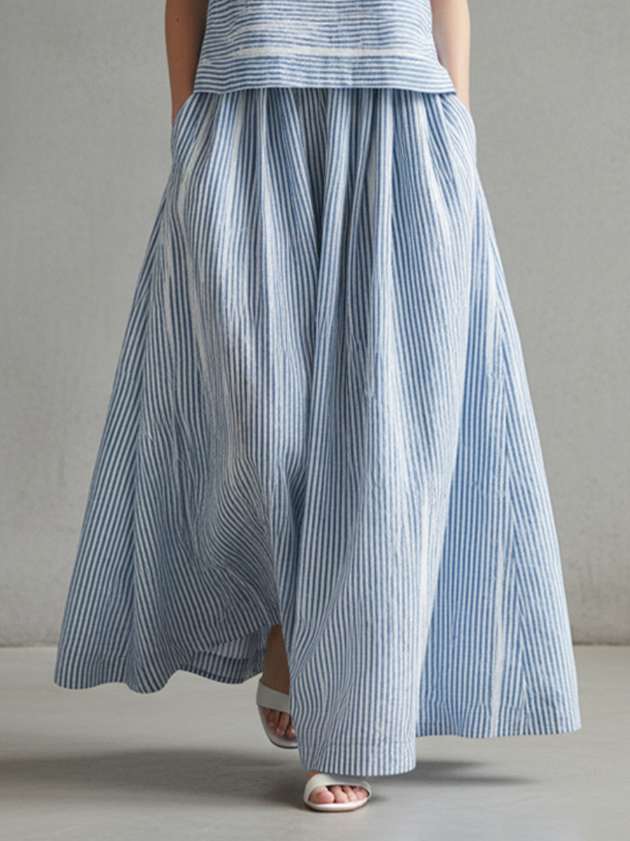 Women's Blue Striped Sleeveless Top And Maxi Skirt Set MDZ2873B6BA