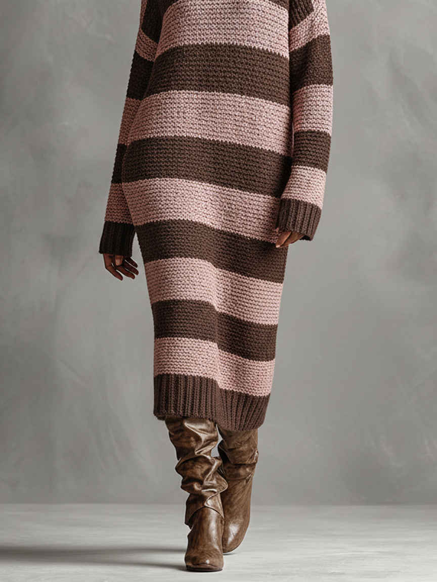 Women's Loose Knitted Striped Round Neck Maxi Dress MDA1555J4Y