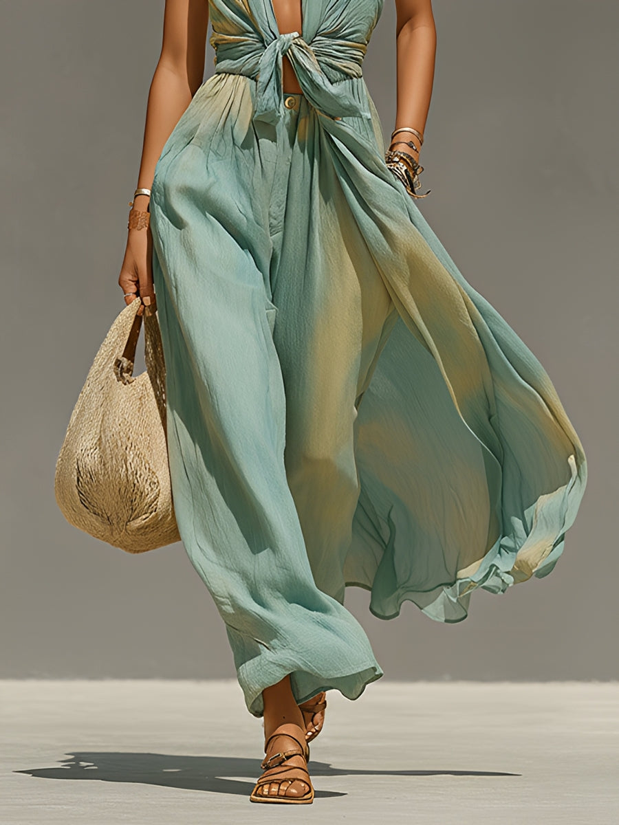 Women's Teal Ombre Jumpsuit With Halter Neck & Knot Ombre Print, Timeless Boho-Chic Style Jumpsuit MDZ1402B8I