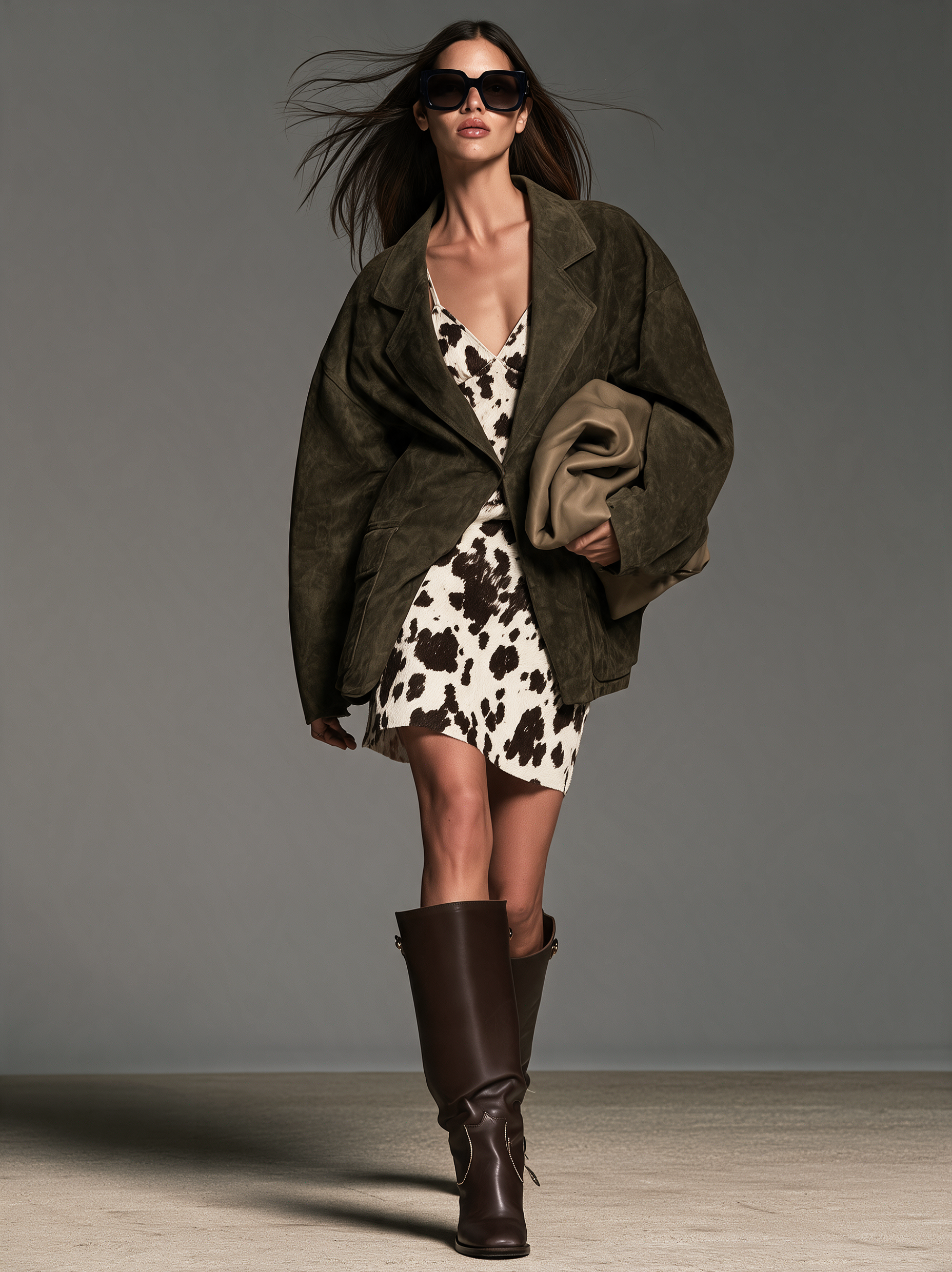 Women's Stylish Army Green Suede Long-Sleeve Blazer And An Eco-Fur Camisole Dress Two-Piece Set MDZ2850H9LXY