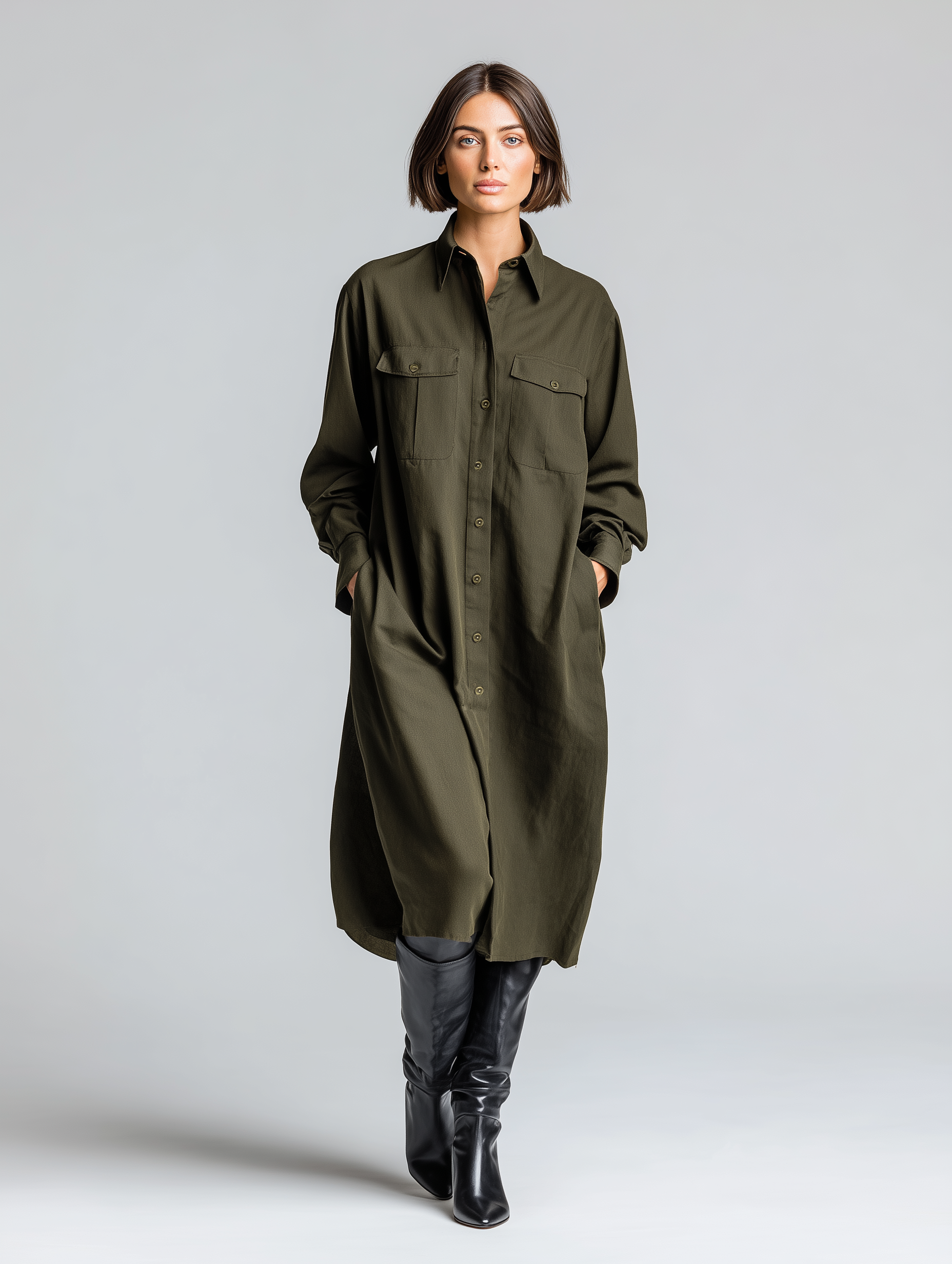 Women's Fashionable And Versatile Casual Military Green Long-sleeved Polo Dress With Tie And Pockets MDA2573K8AN