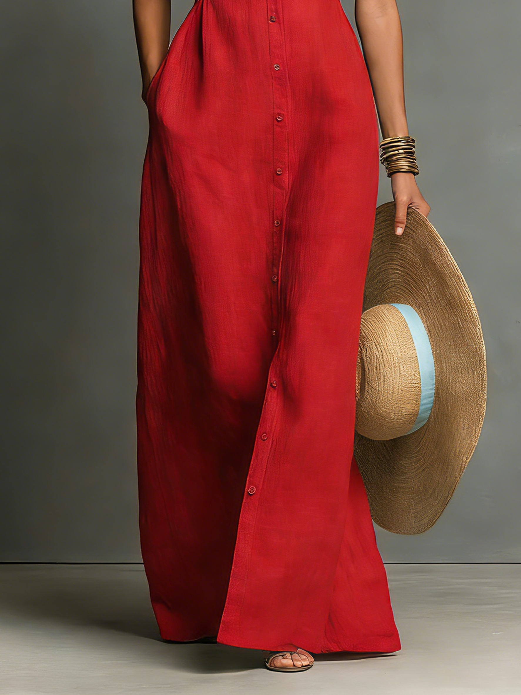 Women's Minimalist Linen-Blend Collared Single-Breasted Sleeveless Maxi Shirt Dress MDZ1011C0Y