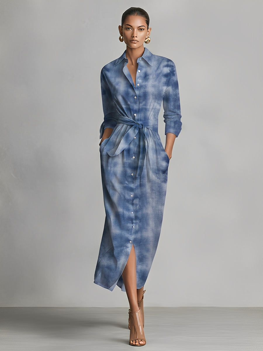 Women's Blue Tie-Dye Woven Cotton And Linen Blend Fabric Chic Collared Tie-Waist Midi Shirt Dress MDA1822K0I