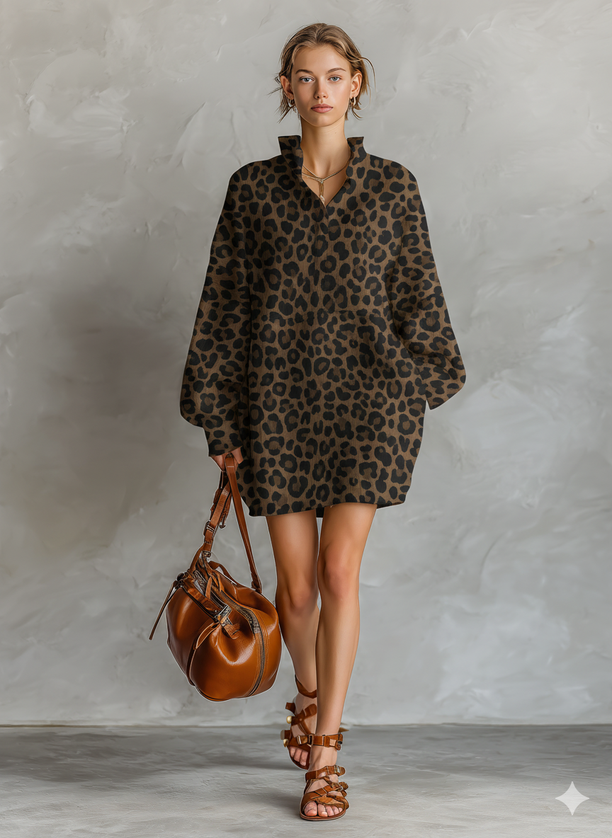 Women's Fashionable Brown Leopard Print Loose Open Neckline Long Sleeve Dress MDA1895L2AN