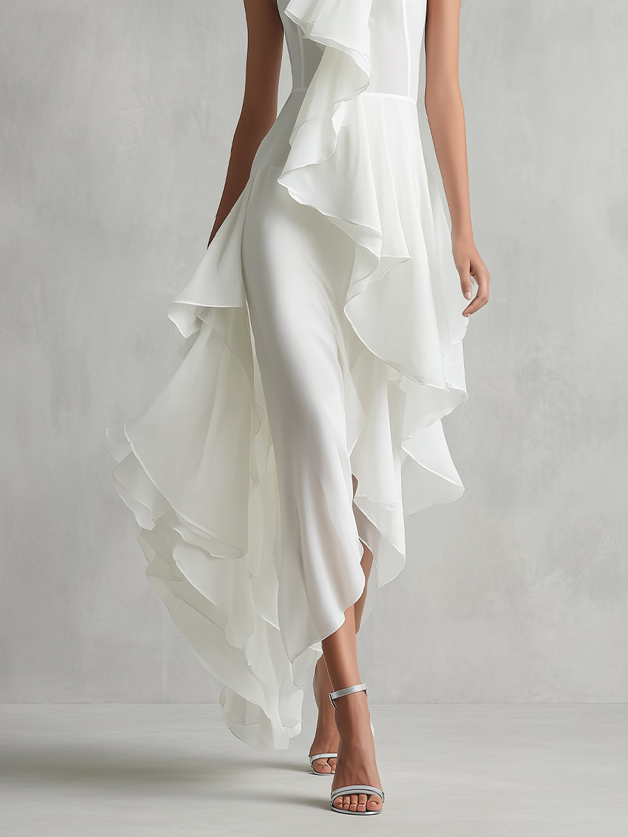 Women's White Chiffon Dress With Halter Neck & Ruffled Overlay, Timeless Romantic-Luxury Style Dress MDZ0644A6I