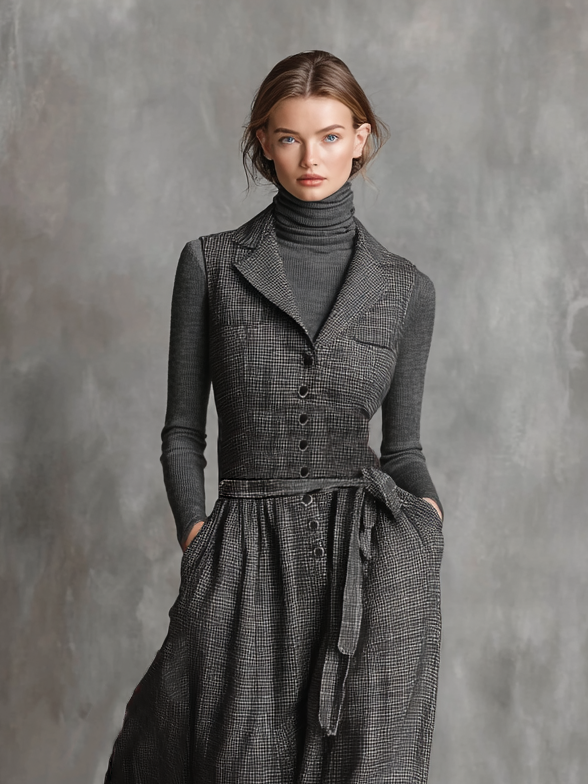 Women's Elegant Wool Blend Lapel Single-breasted Sleeveless Maxi Dress MDA2594H3Y