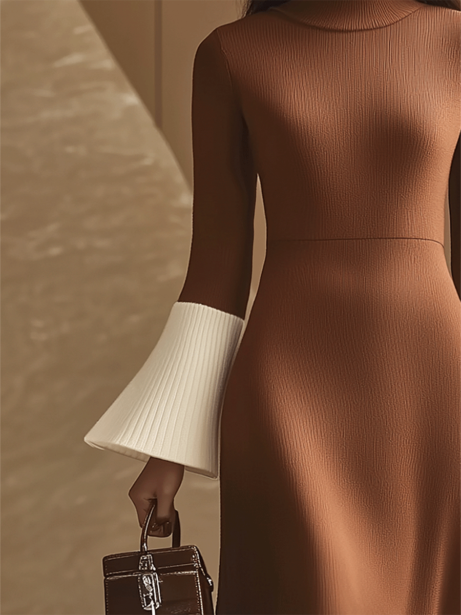 Women's Elegant Turtleneck Contrast Color Knitted Maxi Dress With Flared Sleeves MDA0290H0I