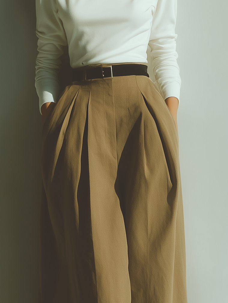 Women's Stylish And Elegant White Turtleneck Long-sleeved Fitted Top Paired With Khaki Wide-leg Cropped Trousers (belt Not Included) MDA1537K6AN