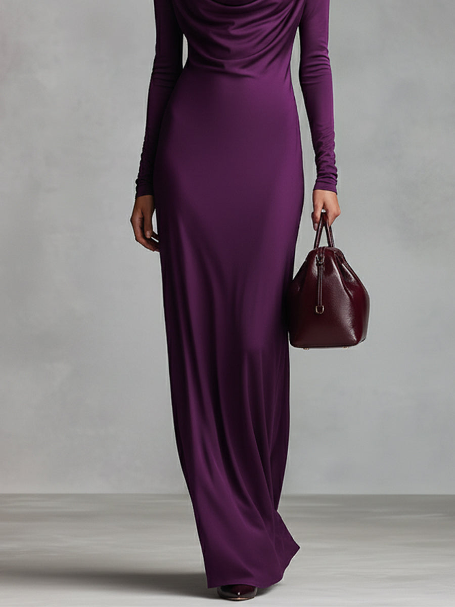 Women's Plum Stretchy Satin Elegant Dress With Cowl Neck Glamorous Evening Style Dress MDA2535K1I