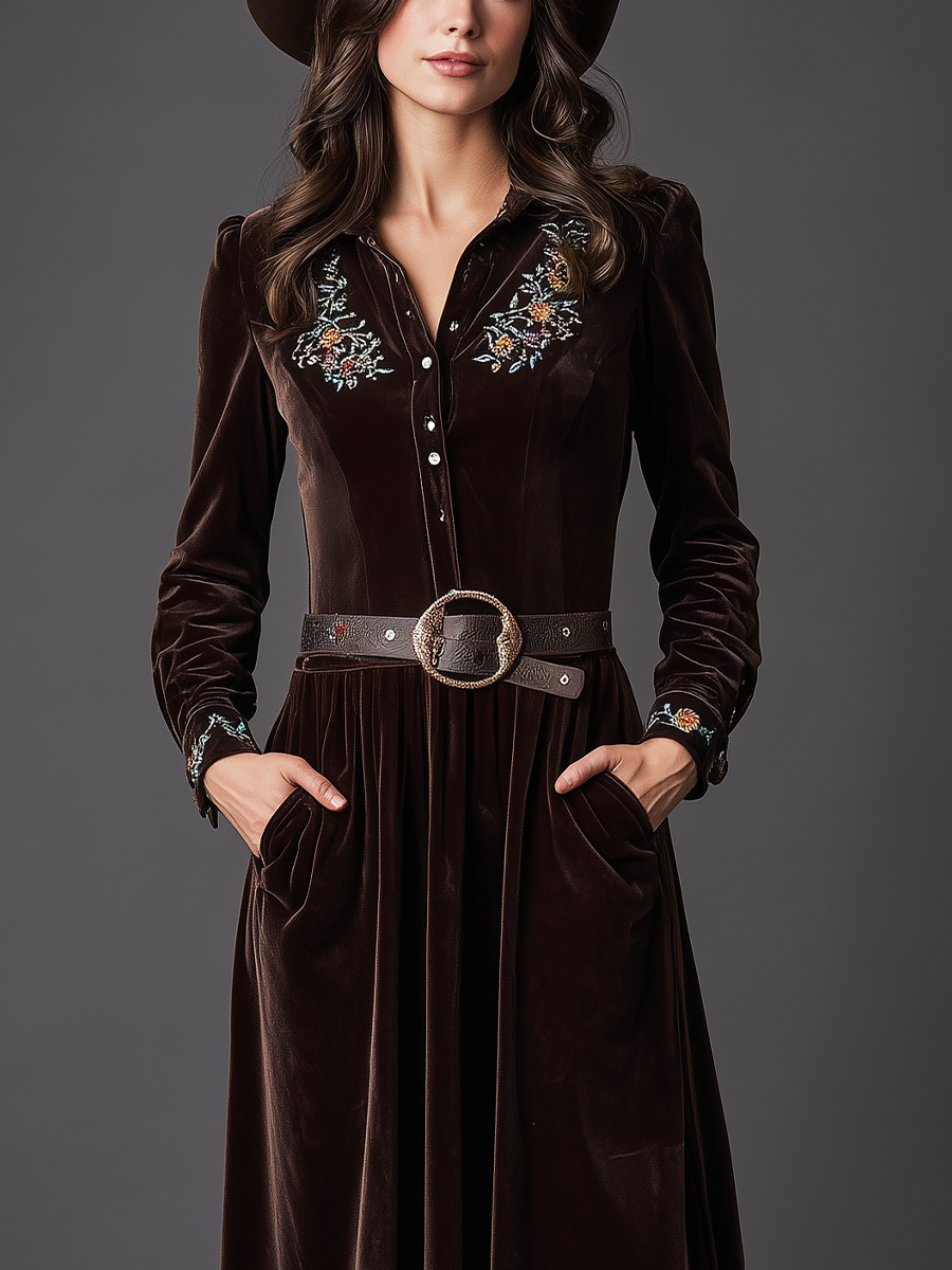 Women's Dark Brown Velvet Embroidered Waist-cinching Maxi Dress MDA0199K9T