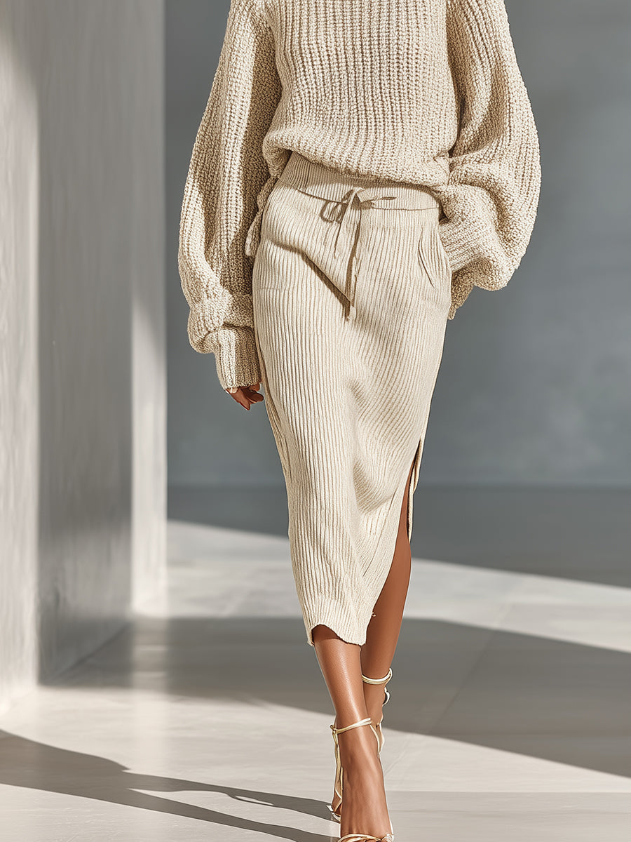 Women's Beige Elegant Ribbed Knit Balloon - Sleeve Sweater And Slit Midi Skirt Set MDA1631I6I
