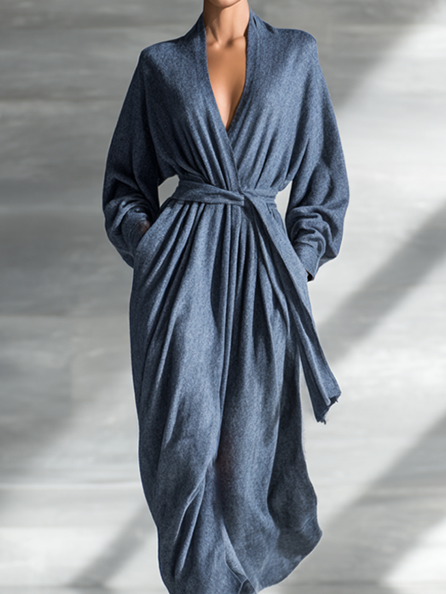 Women's Blue-Grey Wrap-Up Long Dress With Tie MDA0535L6AP