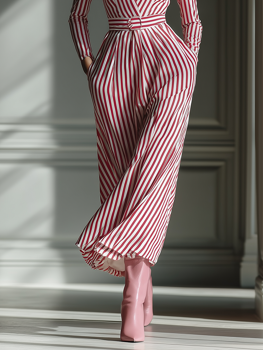 Women's Red And White Striped Cotton Blend Midi Dress With A Lapel Collar And Belted Waist MDA0993L7T