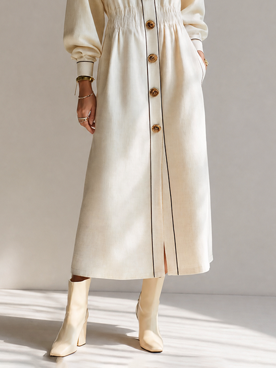 Women's Black-Trim Collared Button-Front Long-Sleeve Belted Shirt Midi Dress MDZ2176H2CMX