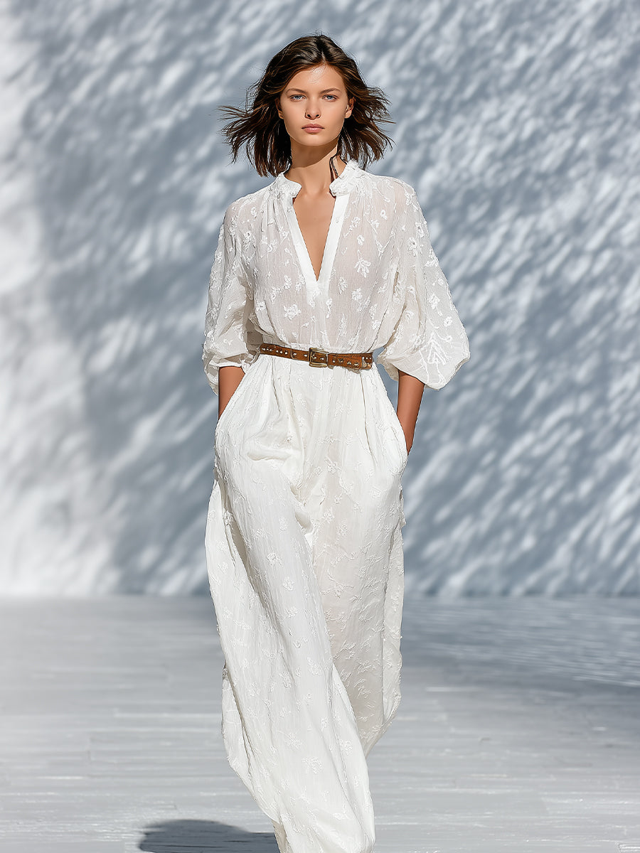 Women's White Bohemian Embroidered Cotton Belted Jumpsuit (without Belt) MDA0611H0I