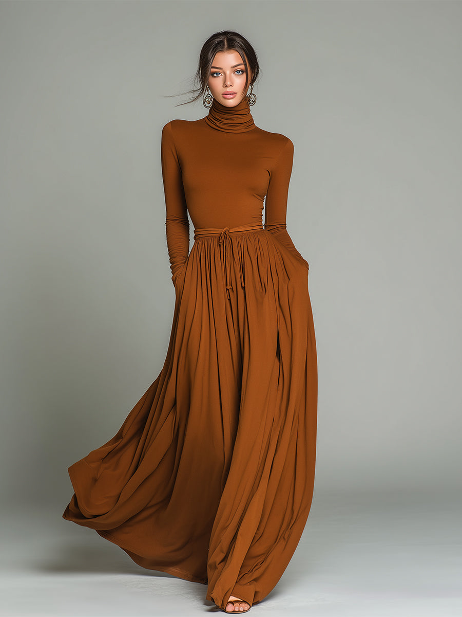 Women's Brown Elegant Stretch Polyester-Cotton Blend Turtleneck Belted Maxi Dress MDA1652J1I