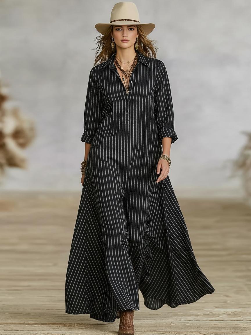 Women's Loose-fitting Cotton-linen Blend Striped Button-down Collar Long-sleeved Maxi Dress MDA1424K0Y
