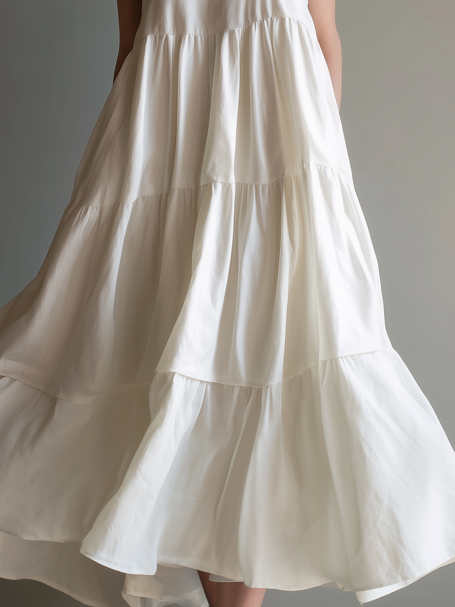 Women's Elegant White Woven Sleeveless Spaghetti Strap Loose Maxi Dress MDZ0950A4AN