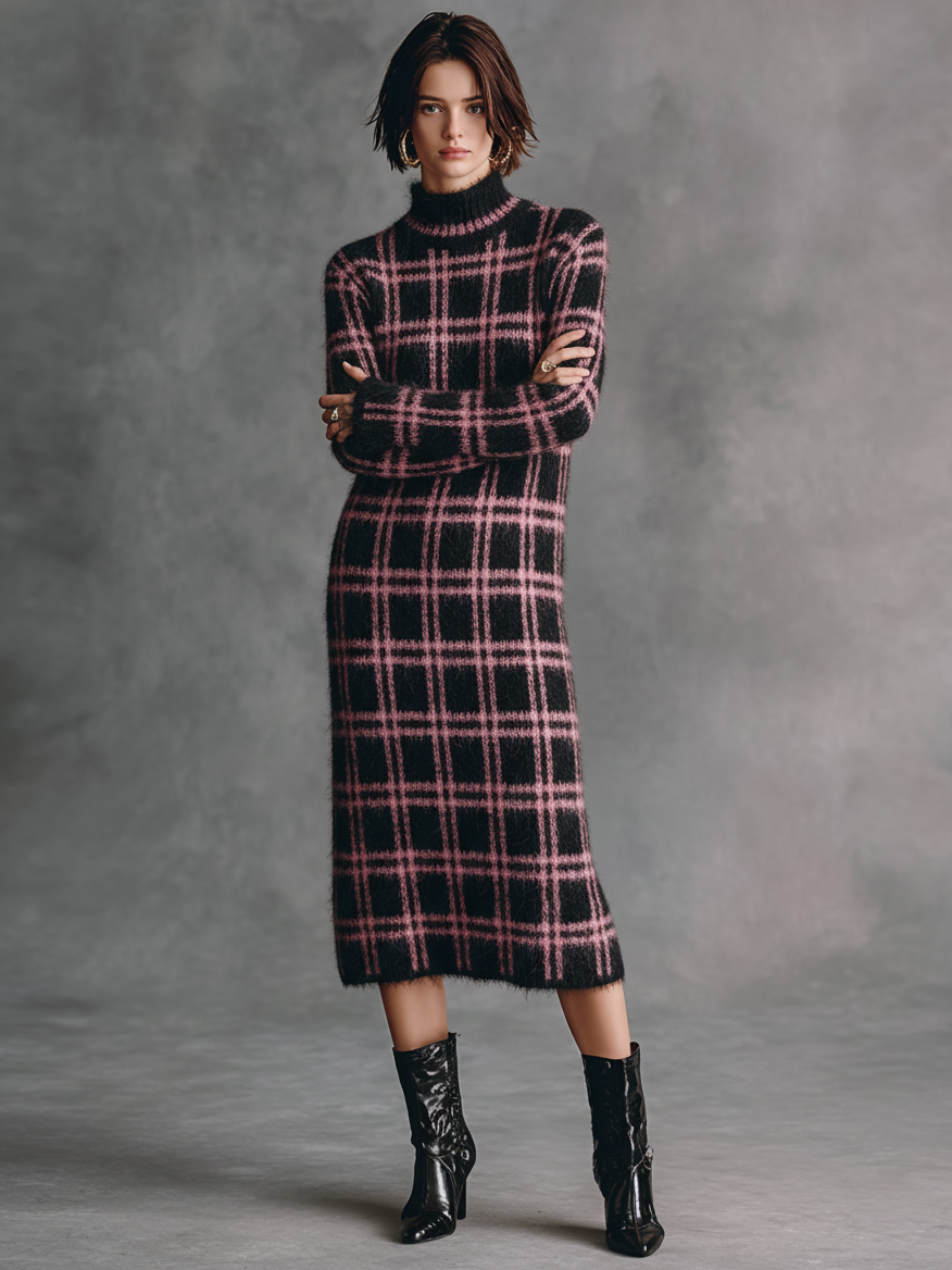 Women's Knitted Plaid Mock Neck Straight-fit Midi Dress MDA2965K8Y