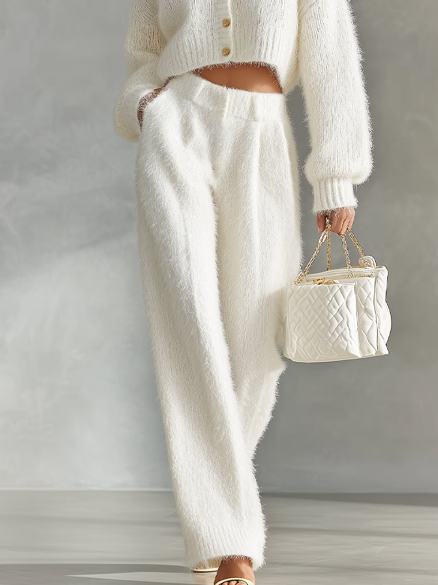 Women's White Elegant Fuzzy Knit Button - Front Cropped Cardigan And Wide - Leg Pants Set MDA1752I5I