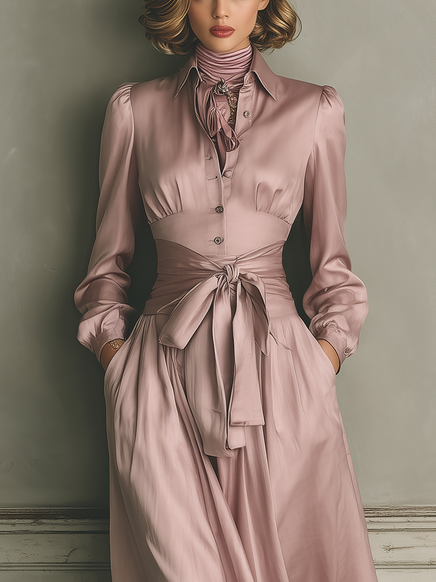 Women's Champagne Pink Satin Waist-cinching Tie-front Maxi Dress MDA0691K7T