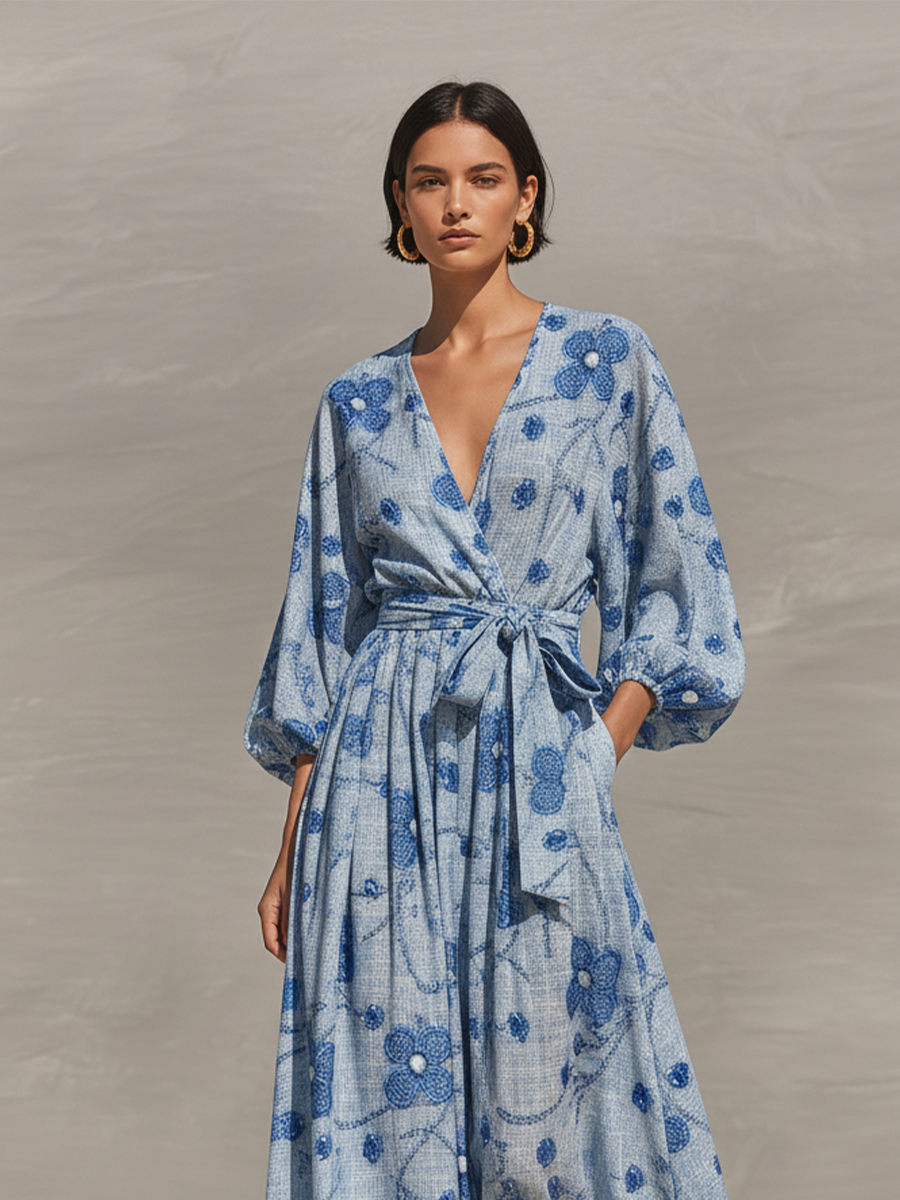 Women's Light Blue Floral Maxi Dress With Wrap Bodice & Puffed Sleeves, Timeless Resort-Elegant Style Dress MDZ2514B7I