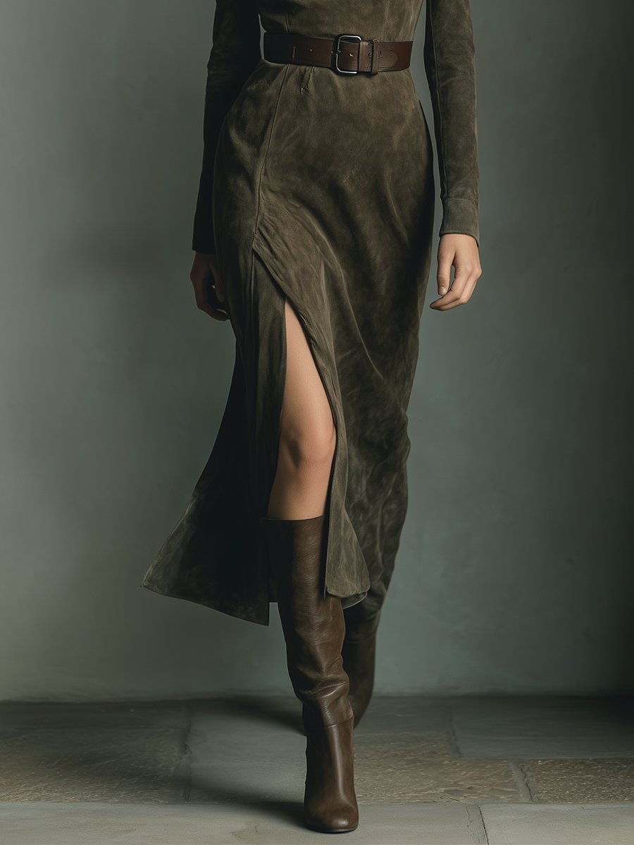 Women's Olive Green Faux Suede Fabric Deep V-Neck Belted Slit Midi Dress MDA1562L3T