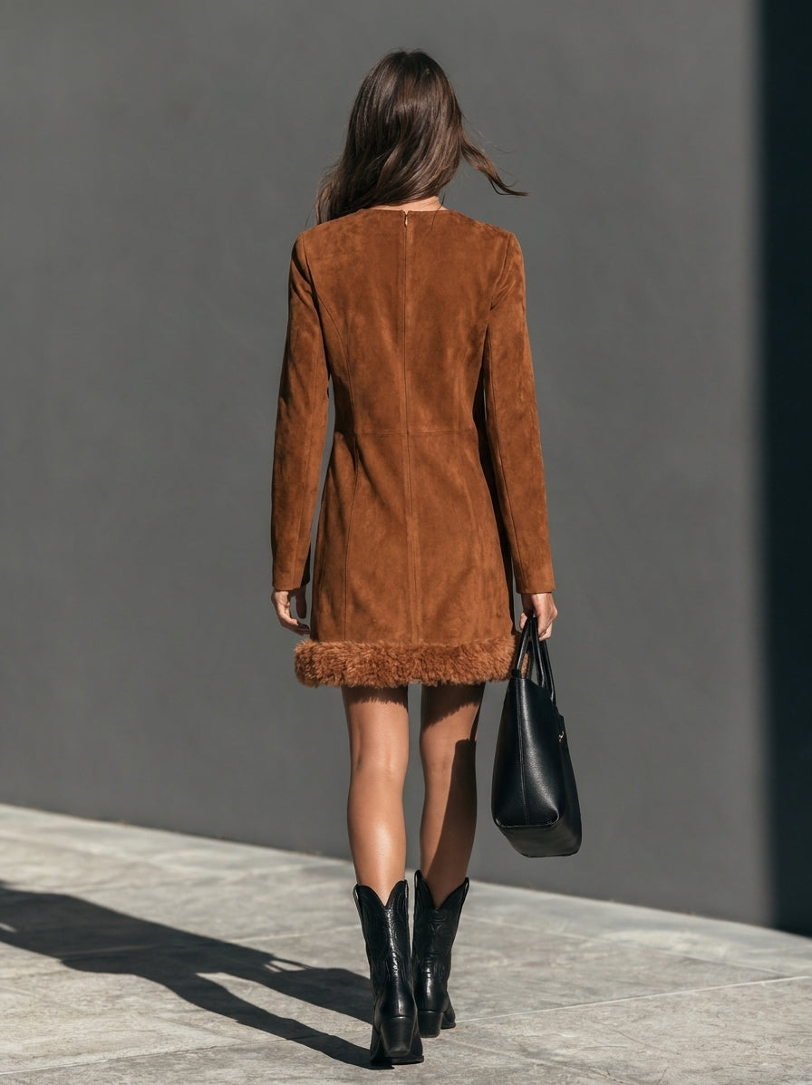 Women’s Elegant Brown Suede-paneled Plush Long-sleeve Mini Dress