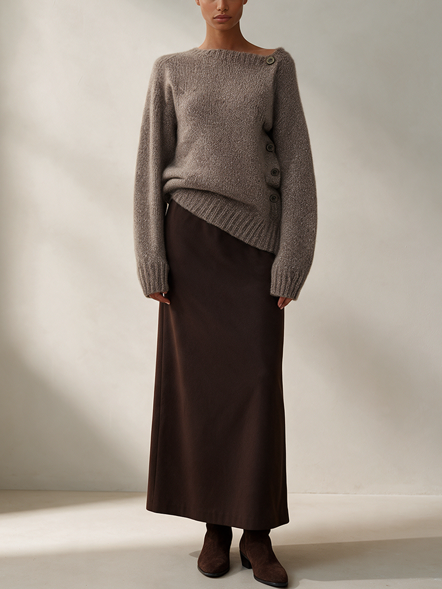 Women's Asymmetric Off-Shoulder Side Button Oversized Knit Sweater & Dark Brown Maxi Skirt Set