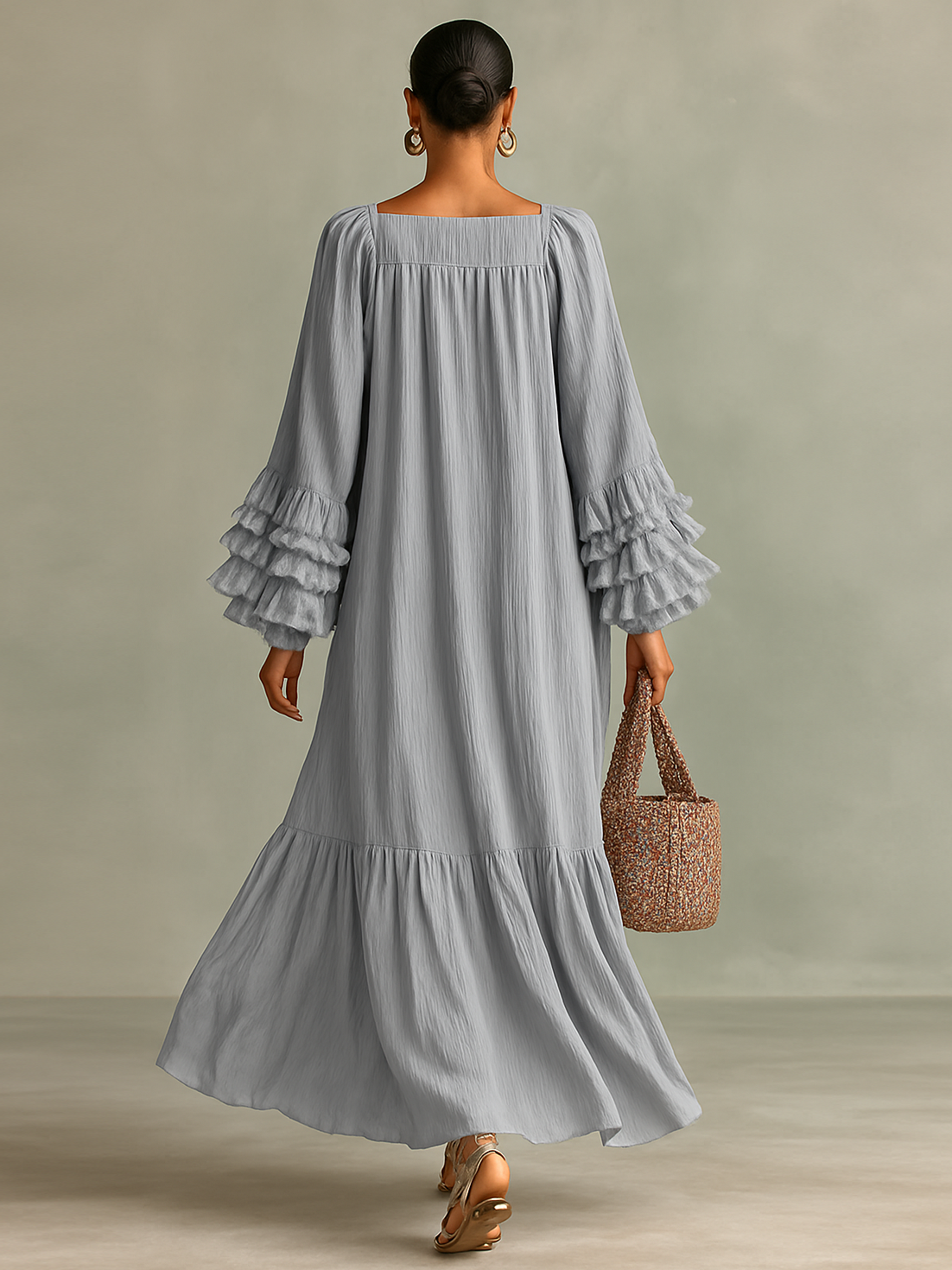 Women's Loose Pleated Chiffon Round Neck Long Sleeves Cuffs Ruffle Maxi Dress MDA1411G7Y