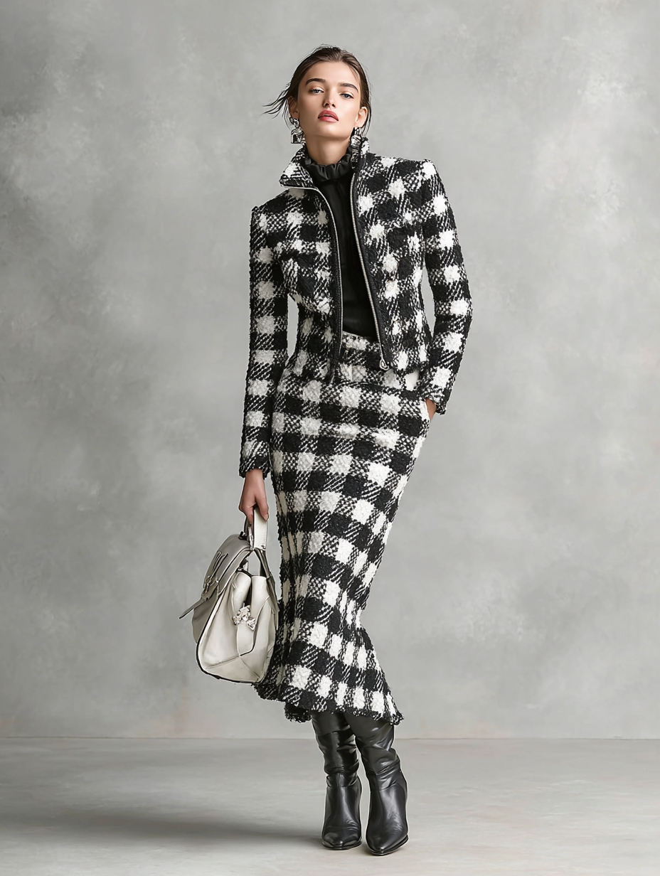 Women's Minimalist Black And White Plaid Tweed Short Jacket And Skirt Set MDA0937I5Y