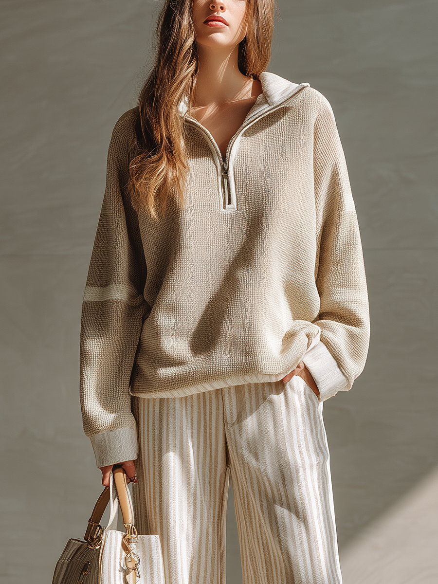 Women's Beige Waffle Knit Half-zip Loose Top And Straight-leg Pants Set MDA0321K5T