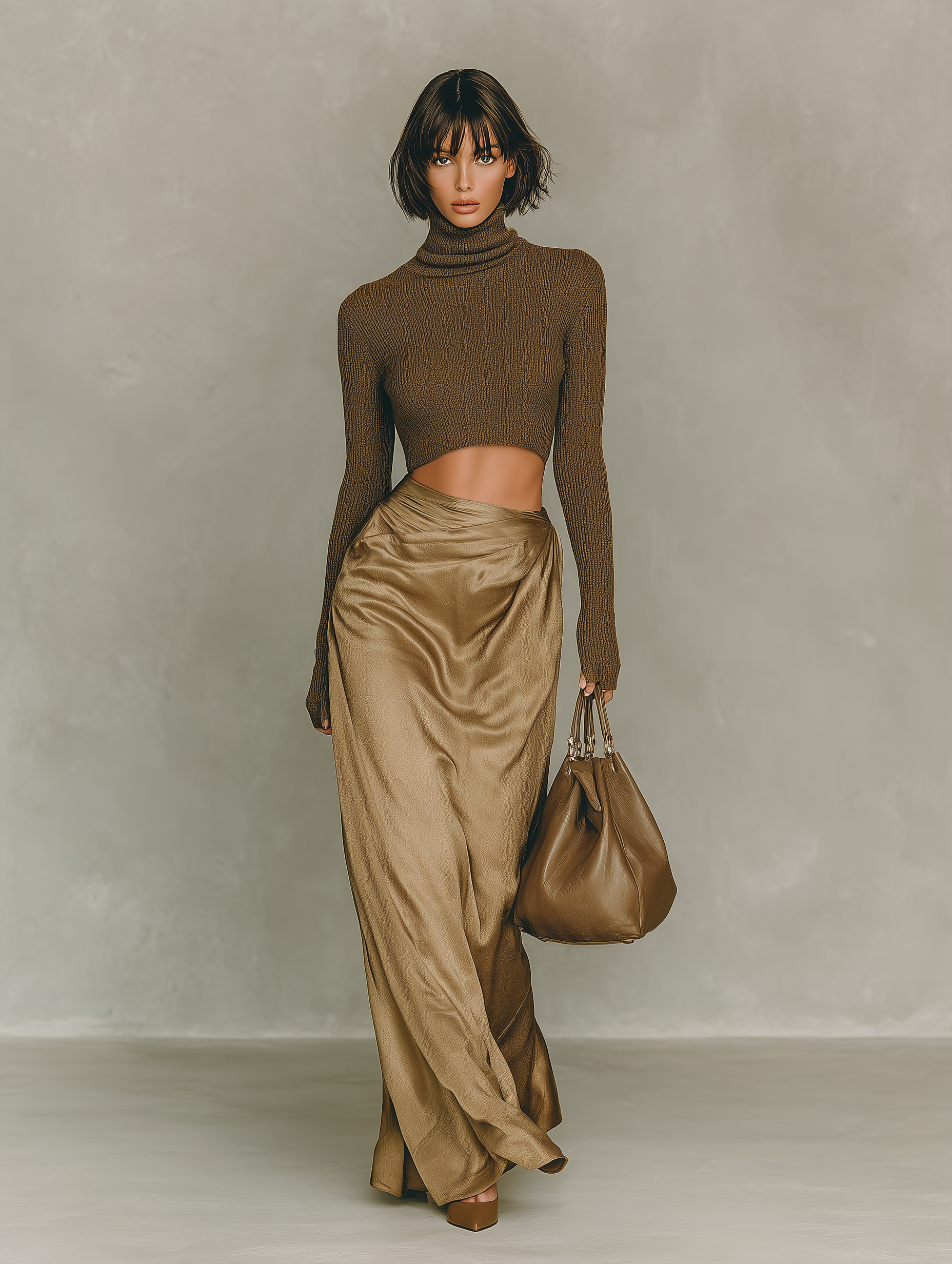 Women's Stylish And Elegant Brown Turtleneck Long-sleeved Fitted Knit Top Paired With A Deep Champagne-colored Glossy Silky Satin Midi Skirt MDA2057K3AN