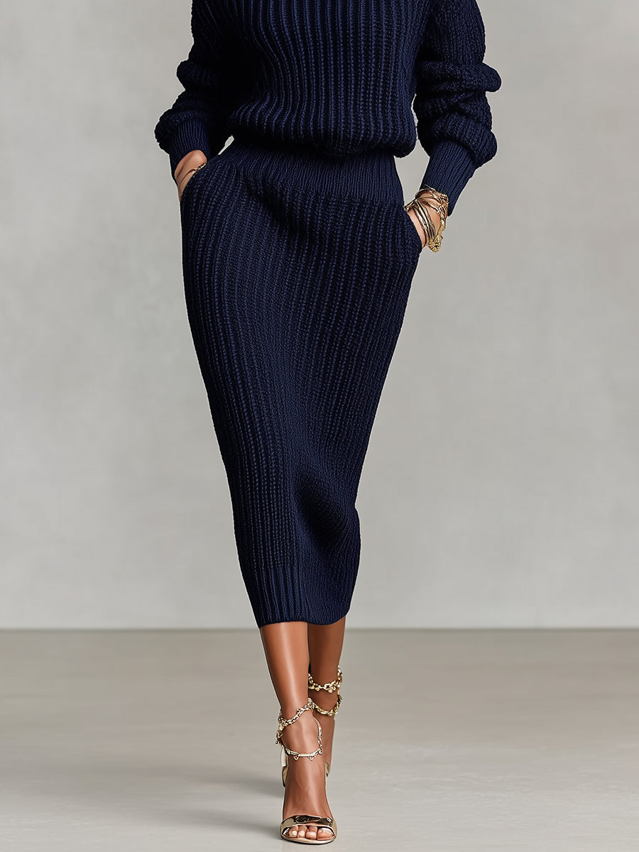 Women's Navy Elegant Ribbed Knit Half-Mock Neck Midi Sweater Skirt Set MDA2202I2I