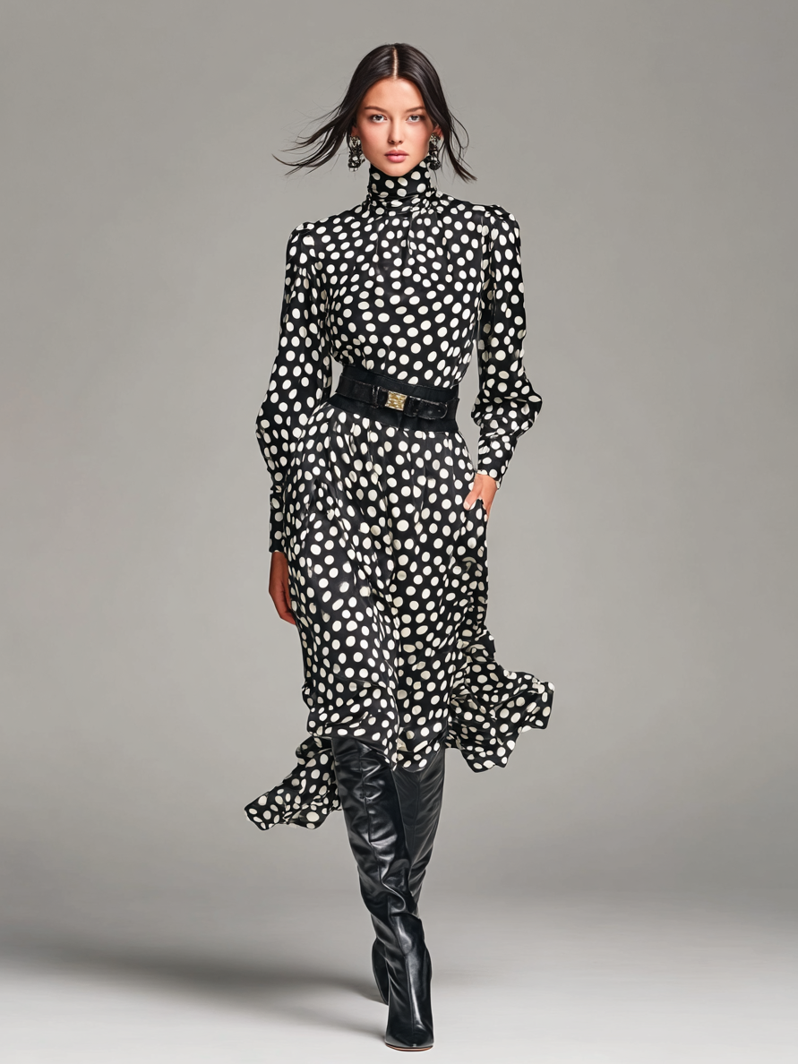Women's Satin Polka Dot Print High Neck Midi Dress MDA3006G6Y
