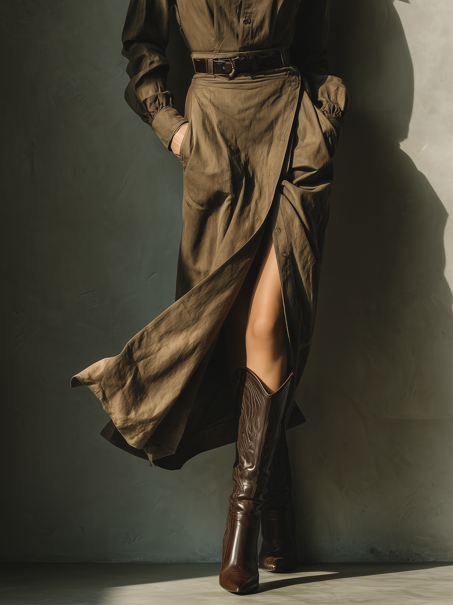 Women's Khaki Brown Cotton Linen Dress With A Lapel Collar, Fitted Waist, And Slit MDA2934K3T