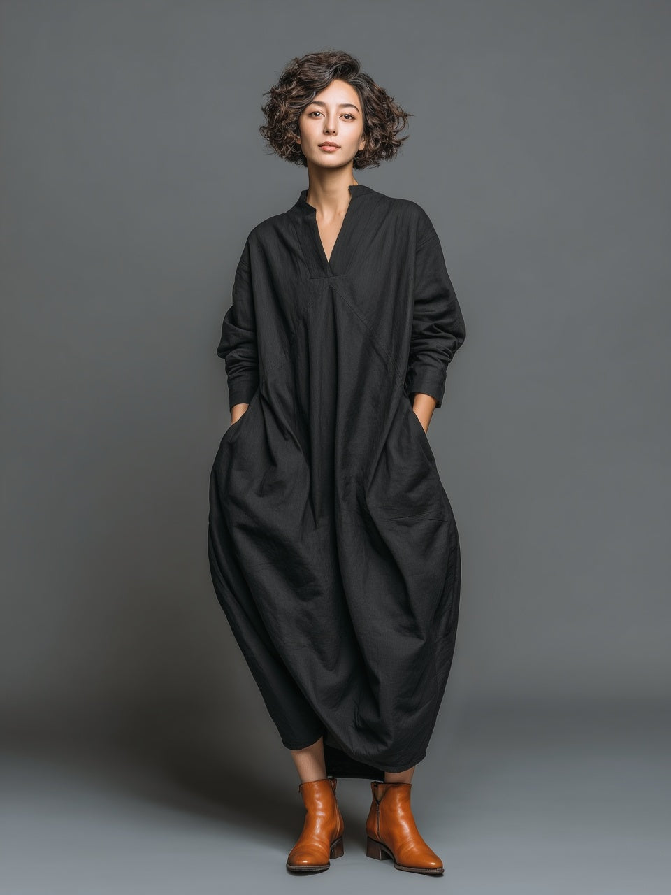 Women's Fashionable And Casual Black V-neck Loose Cocoon-shaped Long-sleeved Dress MDA1978K4AN