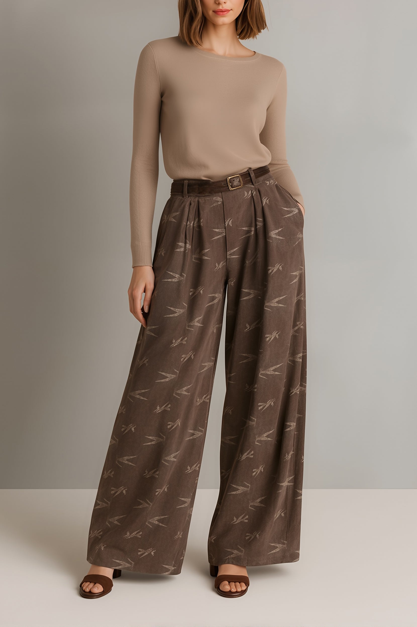 Women's Fashionable And Casual Khaki Round Neck Long-sleeved Slim-fit Base Layer Top Paired With Brown Wide-leg Corduroy Bamboo Print Trousers MDA1324K0AN