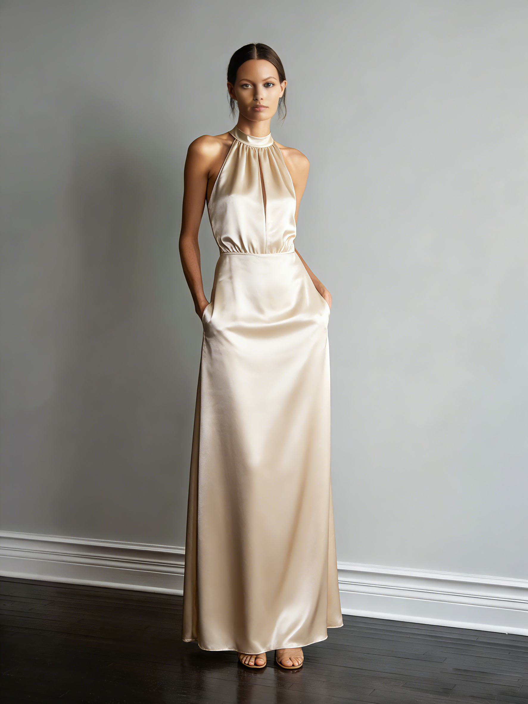 Women's Elegant Beige Satin Halter-neck Sleeveless Maxi Dress MDZ1438A5AN