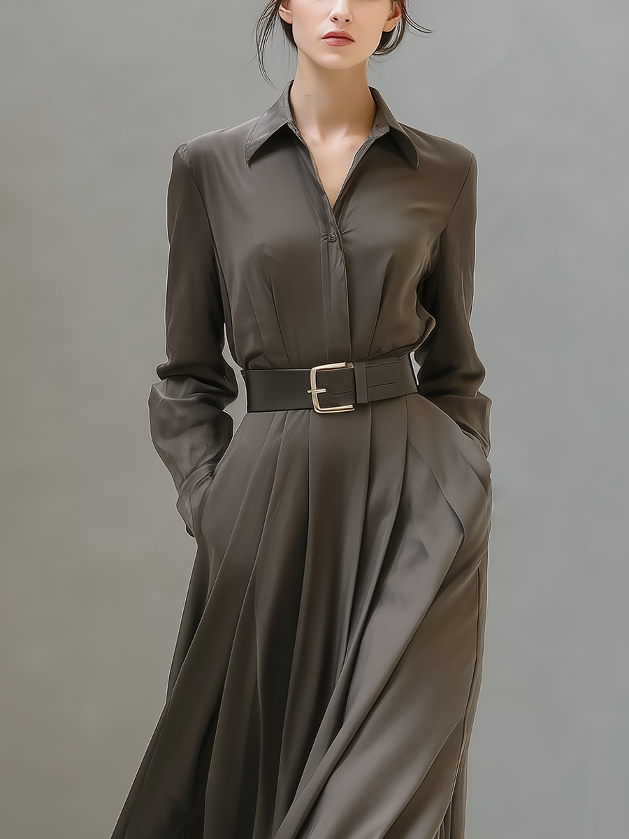 Women's Dark Khaki Satin Belt Shirt Maxi Dress MDA0627K1T