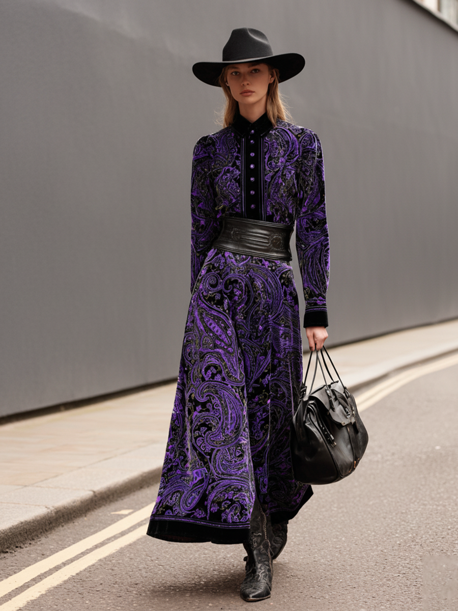 Women's Purple Velvet Boho Paisley Print Button-Front Maxi Dress (without belt) MDA3115J0I