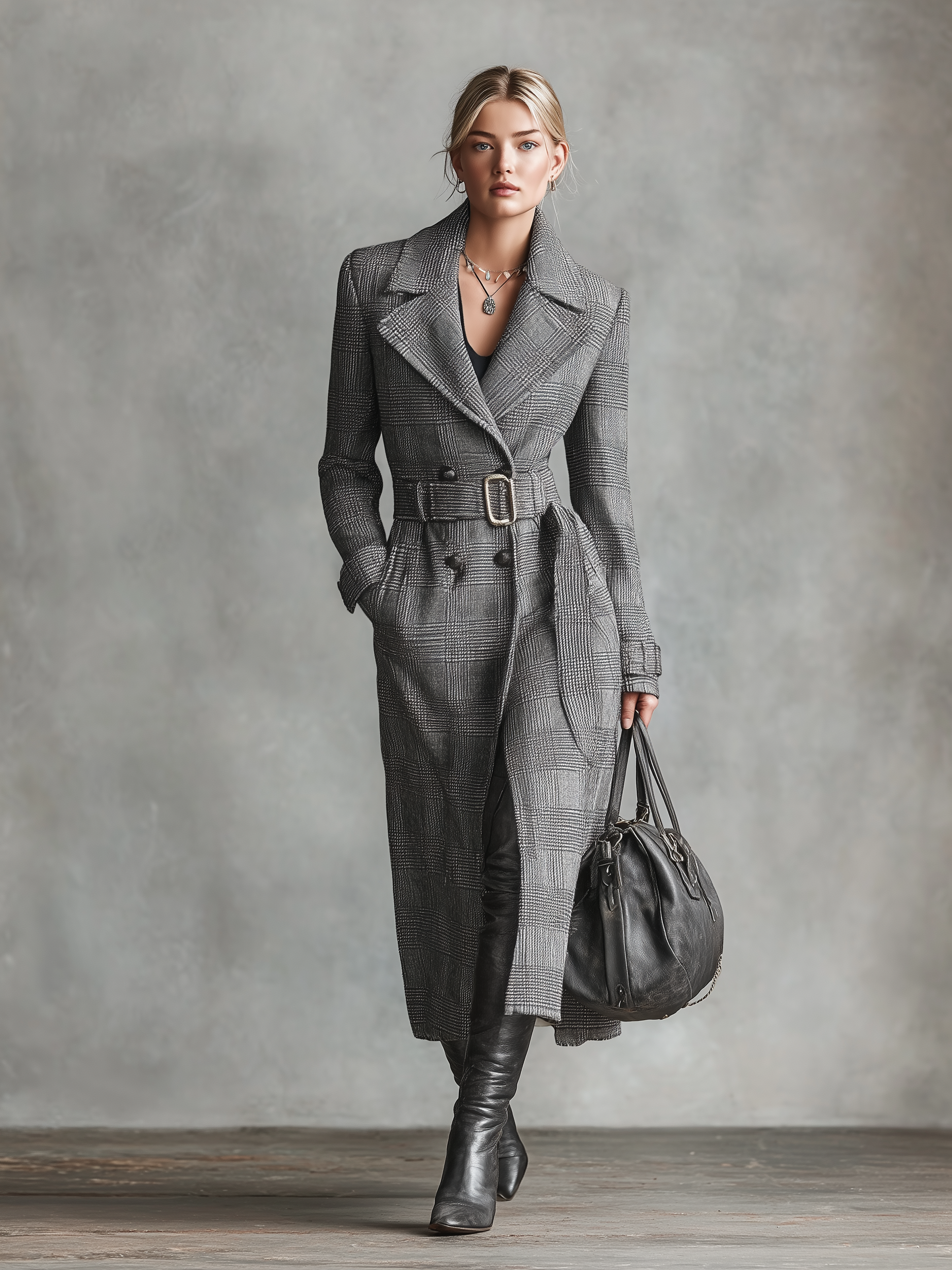 Women's Welsh Check Belted Lapel Long Coat MDA2108J1Y